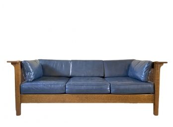 Stunning Mission Style Blue Leather Couch By Gene Southard