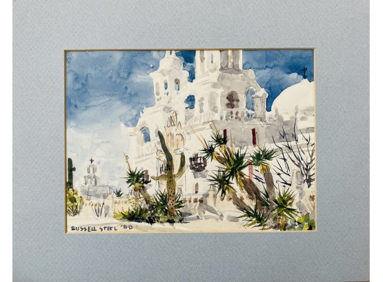 Signed Watercolor By Russel Steele Of Mission San Xavier