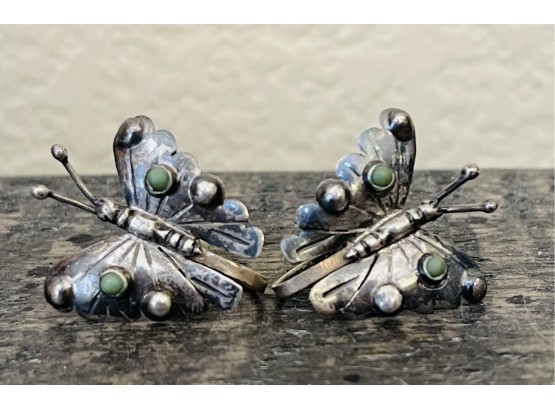 Pair Of Sterling Silver Butterfly Earrings With Tiny Turquoise Accents