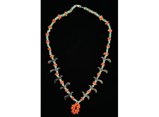 Zuni Squirrel Coral And Turquoise Fetish Necklace
