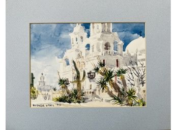 Signed Watercolor By Russel Steele Of Mission San Xavier