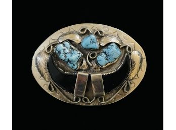 Navajo Buckle With Turquoise And Jet- Marked LT