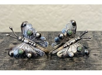 Pair Of Sterling Silver Butterfly Earrings With Tiny Turquoise Accents