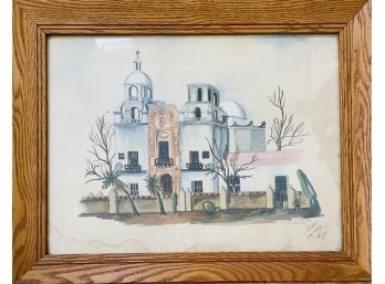 Watercolor On Paper Signed M. Thomas 1949 San Xavier