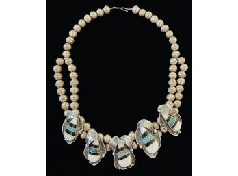 Elaborate Inlaid Navajo Turquoise, Onyx And Mother Of Pearl Double Strand Choker--70.6 Grams