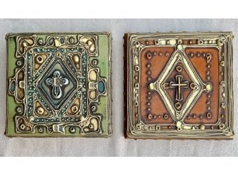 (2) Small Hand Crafted Yvonne Magener Gilded Folk Art Tiles