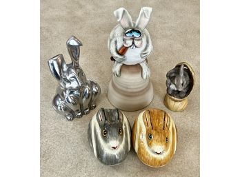 Vintage Todd Warner Ceramic Diner Bell, MCSI Figurine, 2 Bunny Boxes And Metal Bunny Figurine