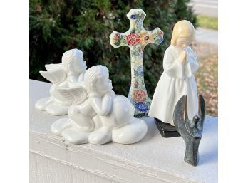 Christian Themed Figurine Lot Incl. Vintage Royal Doulton Angel, Polish Stoneware Cross And More