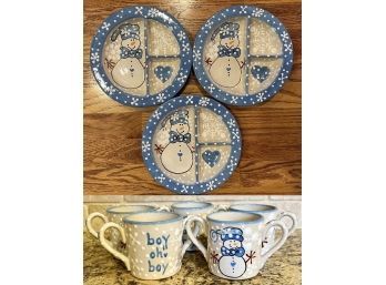(8) Expressly Yours Blue Snowman Themed Dishes! Incl. (5)  Mugs 'Boy Oh Boyl!' And (3) Divided Plates