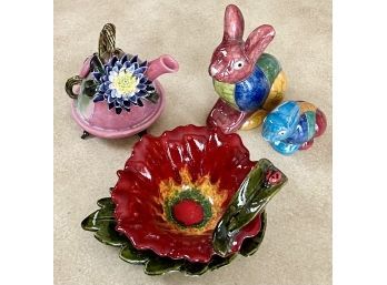Small Ceramics Lot Incl. Ceramic Teapot, Signed Flower Dish, And 2 Bunnies