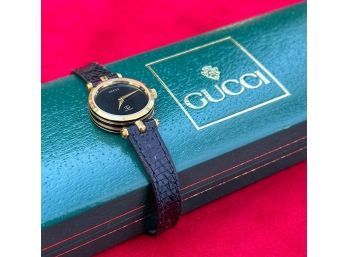 Wonderful Gucci Watch, Gold And Black With Leather Strap And Box