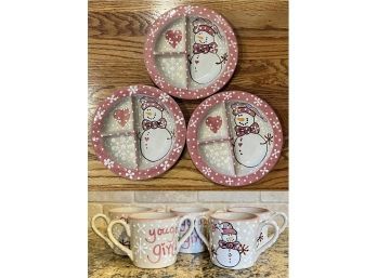 (8) Expressly Yours Pink Snowman Themed Dishes!! Incl. (5)  Mugs 'You Go Girl!' And (3) Divided Plates