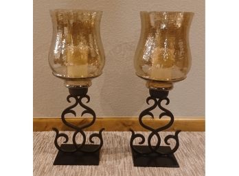 Pair Of 2 Hurracaine Lamps With Iron Bases And Faux Candles