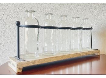 Glass Vases/bottles On Metal And Wood Base