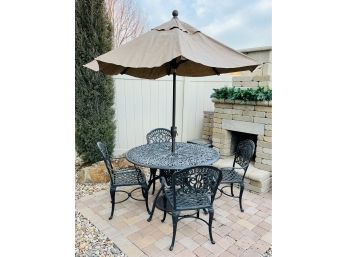 Cast Metal 5 Pc. Patio Set With Umbrella And Cushions