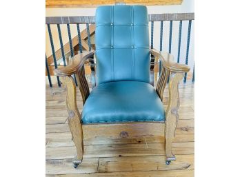 Beautiful Green Leather And Wood Adjustable Back Chair