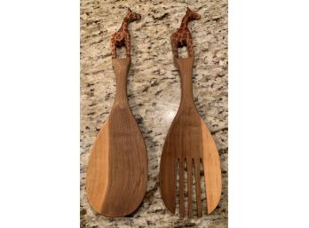 Handcrafted Wooden Salad Servers Fork And Spoon Giraffe  Handles