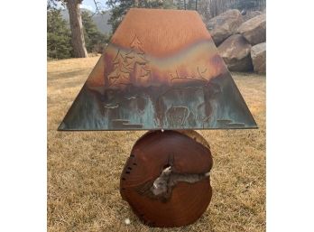 Very Cool Rustic Lamp W Riverwood Mountainous Log Base W Copper Lampshade W Mountainous Scene Cut Outs