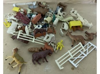 Assortment Of Vintage Plastic Farm Animals, Fencing And More