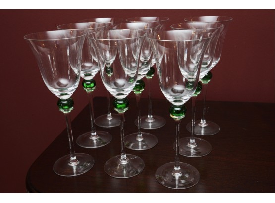 Set Of 7 Wine Glasses With Green Glass Detail