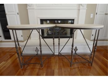 Pair Of French Demilune Fleur-de-Lis Console Tables With Stone Top