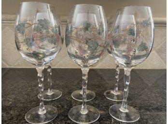 Lot Of 6 Wine Glasses With Painted Grapes