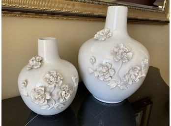 Pair Of Z Gallerie Cream Porcelain Vases With Flowers