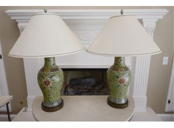 Pair Of Antique Chinese Imperial Yellow Famille Rose Lamps