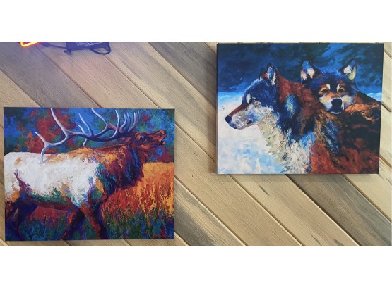 Lot Of 2 Vibrant Colored Elk & Wolf On Canvas By Marion Rose