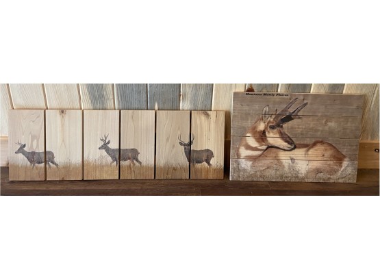 Lot Of 2 Large Antelope & Deer Print On Wood