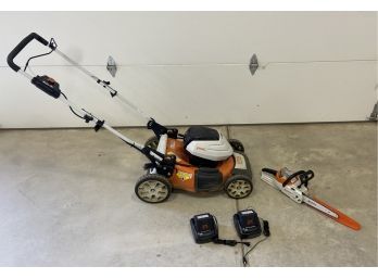 Stihl Electric Mower And Chainsaw With 2 Batteries And Charging Station