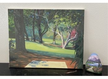 Michael Webster Disc Golf Painting On Canvas With Decorative Painted Rock