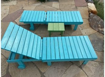 Lot Of 2 C.R. Plastic Adjustable Pool Chairs With Small Side Table