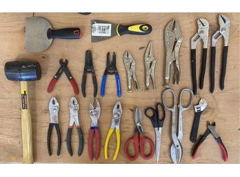 Lot Of Assorted Tools With Pliers, Scissors, And Mallet