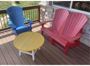 Lot Of C.R. Plastic Bench, Chair, And Round Patio Table.