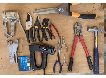 Lot Of Assorted Tools With Bolt Cutters, Hammer, Staplers, And More