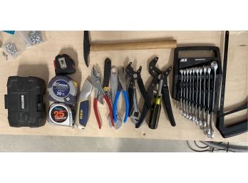 Lot Of Assorted Tools Including Wrenches, Tape Measures, And More