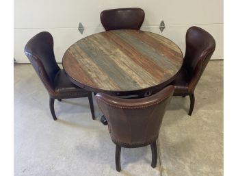 Solid Wood And Metal Round Table With 4 Leather Chairs