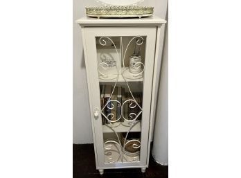 Particle Board Side Cabinet Glass Front With Metal Scroll Accents, Contents Not Included