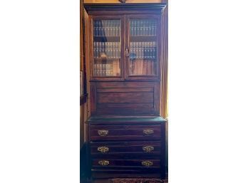 Antique Secretary Desk With Bookcase Hutch And Three Drawers