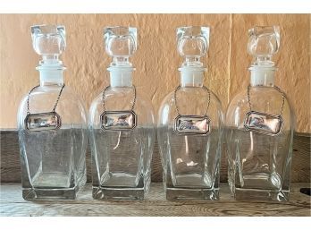 (4) Glass Decanters Made In Italy With Alcohol Name Plates, 'Vodka', 'Gin', 'Scotch', 'Bourbon'
