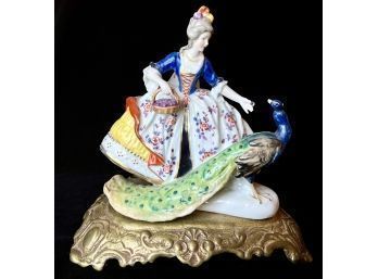 Potschappel Porcelain Figurine  Woman With Peacock On Metal Base