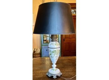 Lovely Porcelain Lamp With Hand Painted Green Floral Motif And Brass Base