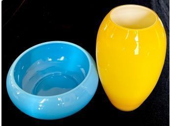 Vibrant Glass Blue Vintage Bowl And Modern Yellow Vase