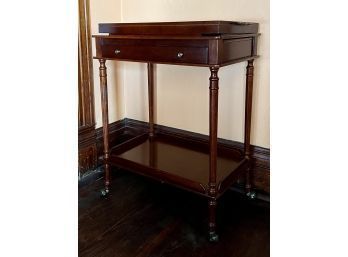 Mahogany-finished Bar Cart With Removable Tray, Two Pull Out Side Leafs, One Large Drawers And Locking Casters
