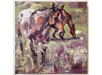 Original Audrie Mergelmen Oil Painting Of Grazing Horses, Original Receipt