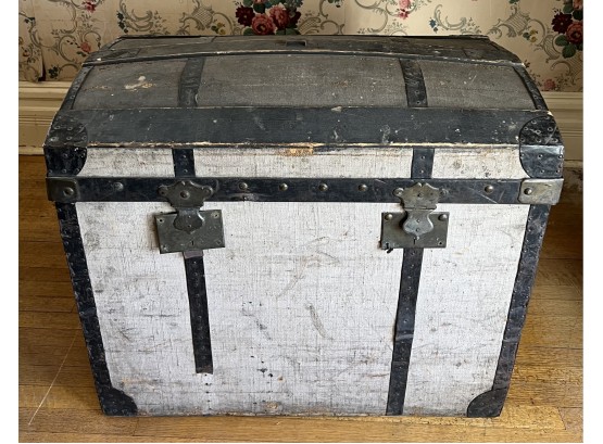 Antique French Dome Top Trunk Canvas Over Wood