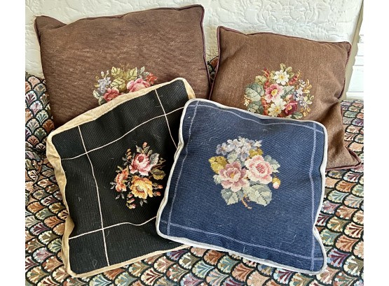 4 Antique Needlepoint Pillows