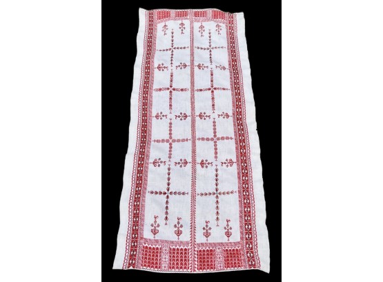 Vintage Embroidered Linen Runner With Red Cross Stitch Designs