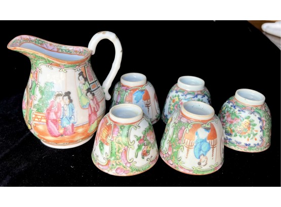 5 Hand Painted Japanese Porcelain Cups & 4' Pitcher